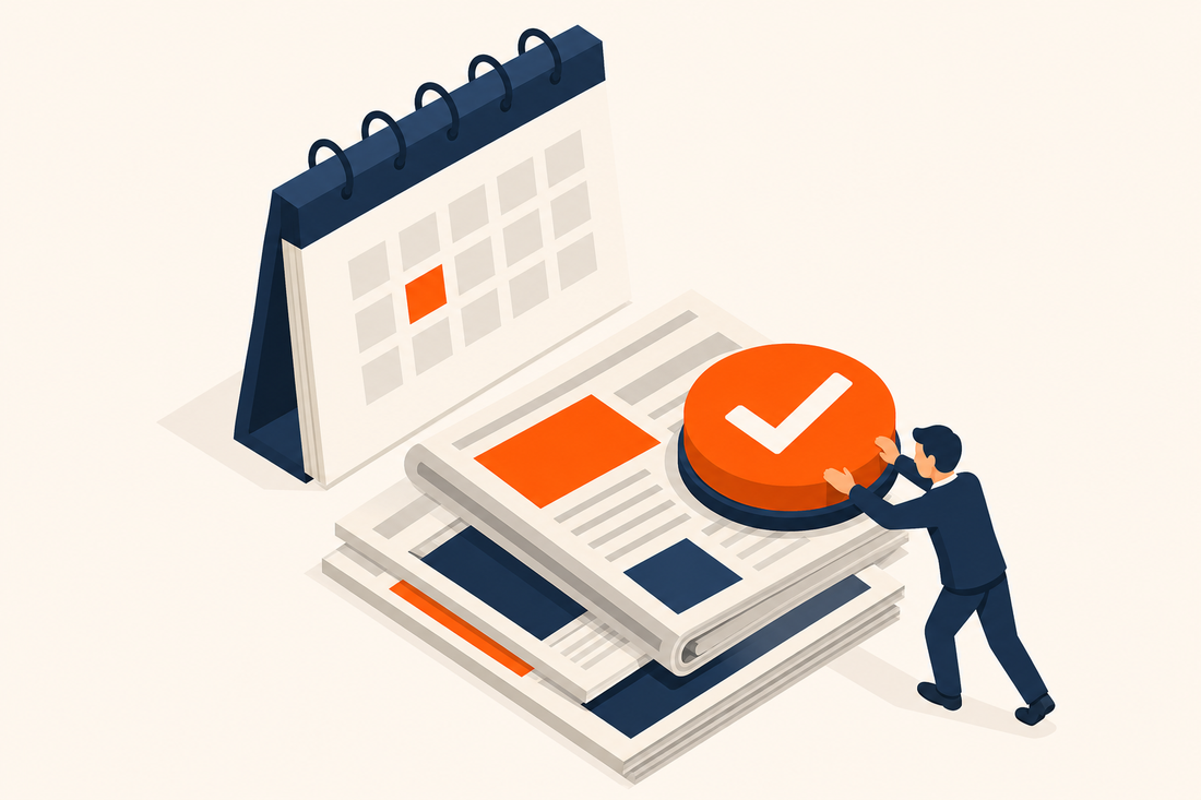 Advertorial buchen – Illustration: Buchung mit Kalender und Medienauswahl